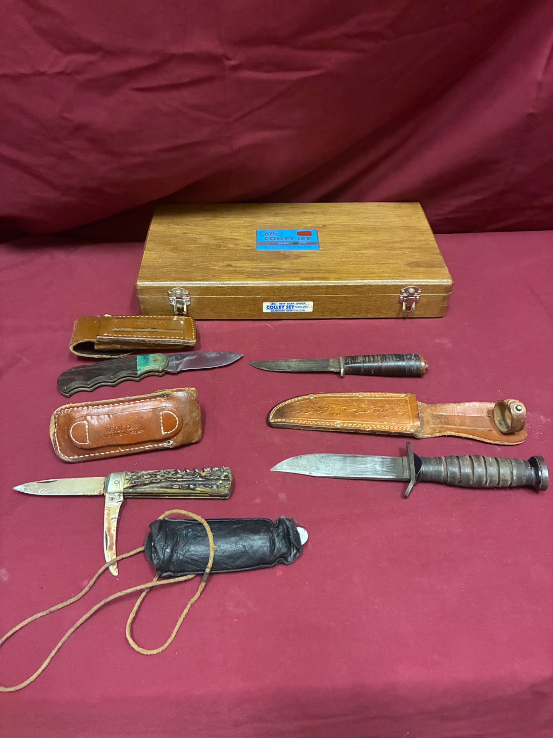 Lot of 4 Vintage Knives, Sheaths, and Wooden Storage Box | Anchor Point